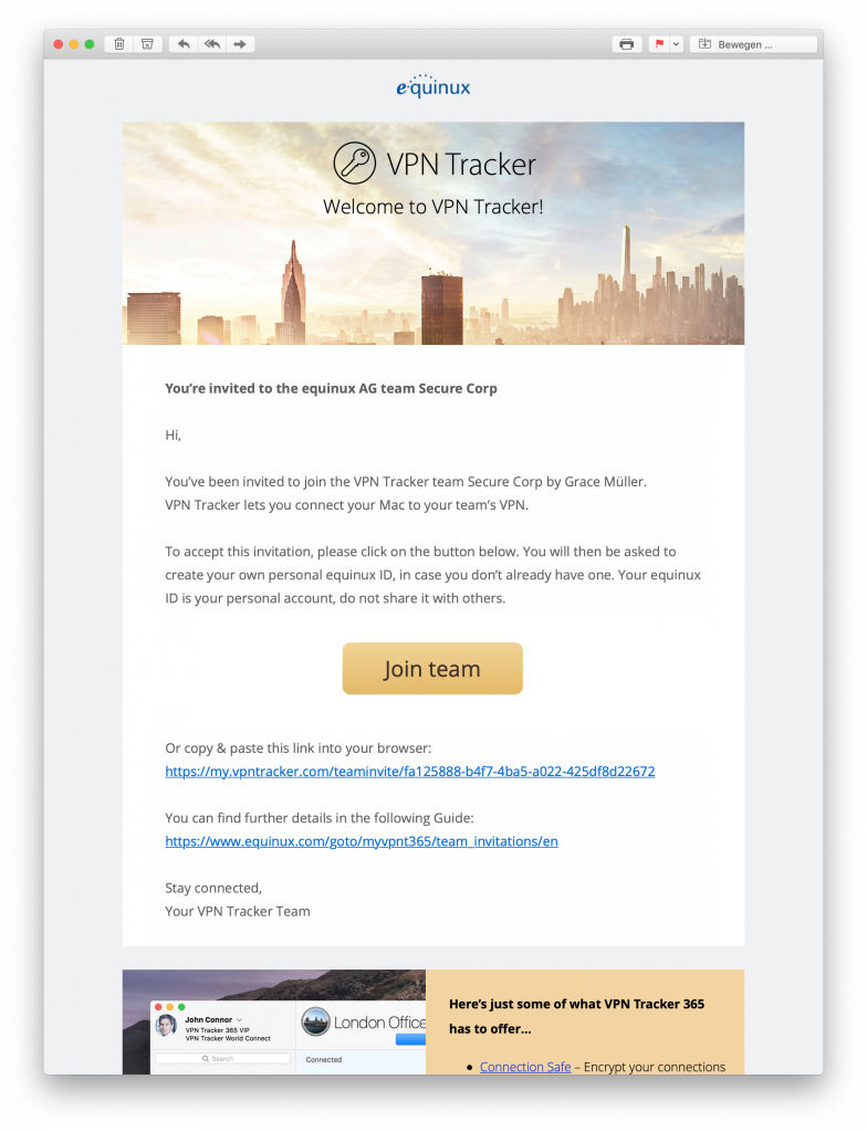 Invitation to VPN Tracker team for remote work