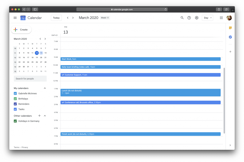 Example calendar for a day of remote work