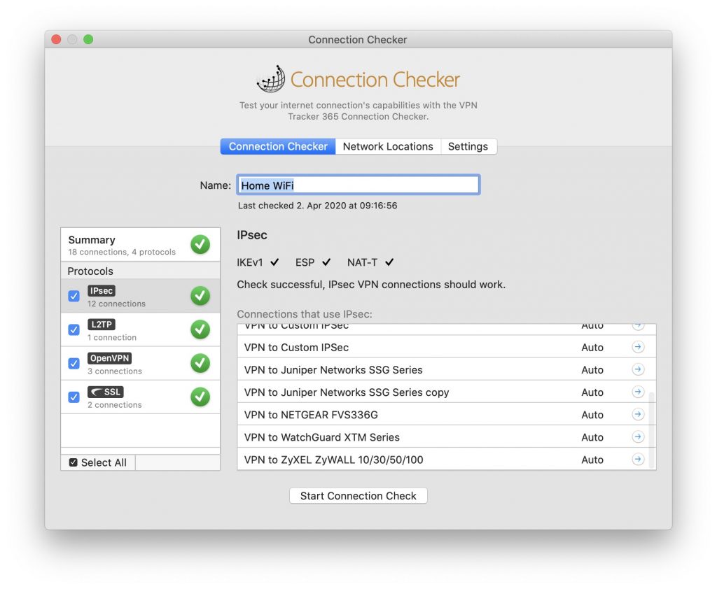 Connection Checker in VPN Tracker 365