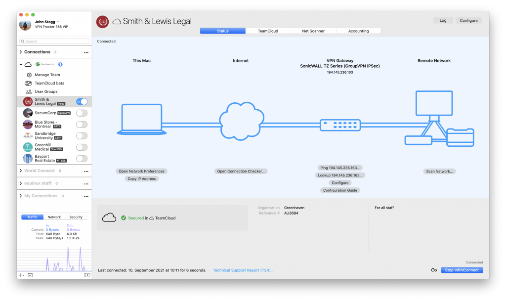 vpn tracker 365 window with team cloud active connection for an it consultanty