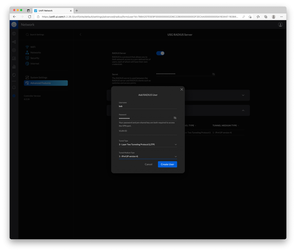 setting up a new vpn user in the UniFi controller interface