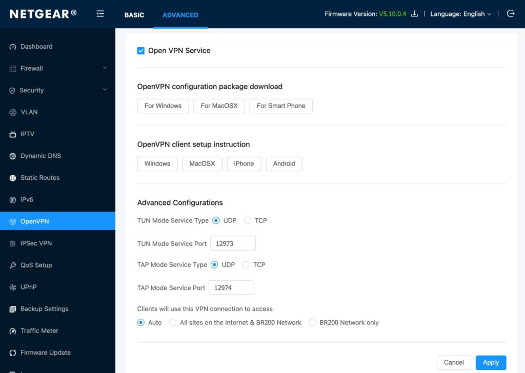 Configuring OpenVPN in the Netgear web UI